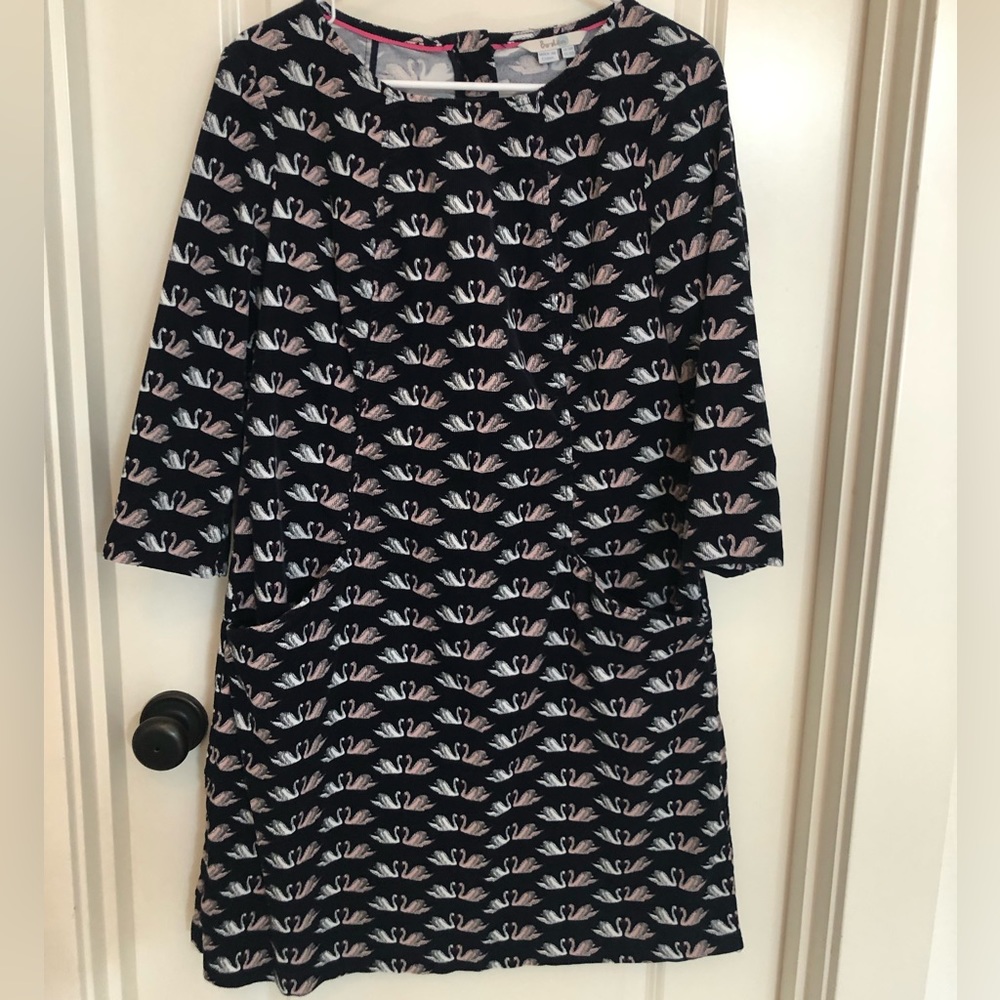 Boden Amber Corduroy Dress Swan print, UK 14, US 10